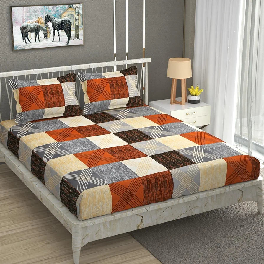 Homefab India 144 TC Microfiber Double Bedsheet with 2 Pillow Covers Checks Brown