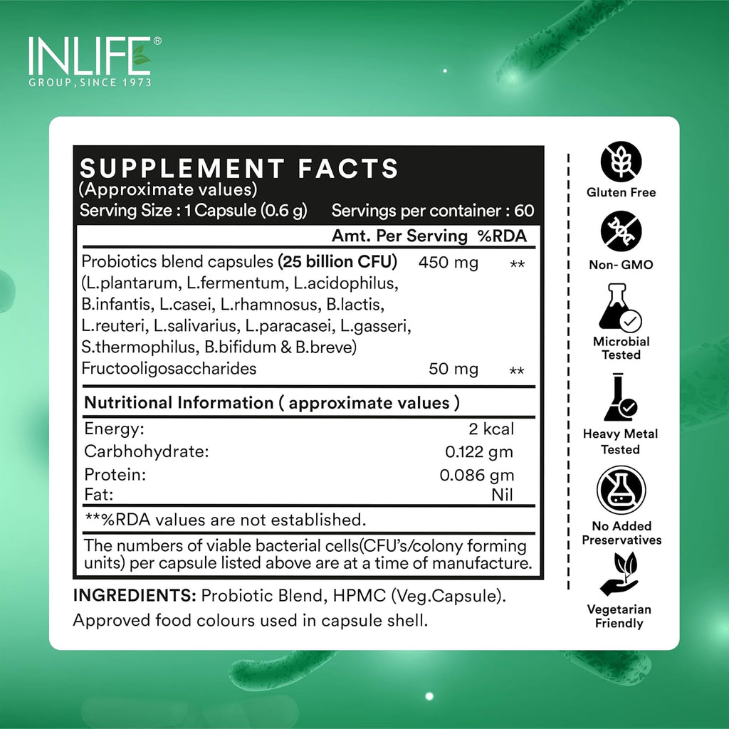 INLIFE Prebiotic and Probiotics Forte Supplement for Men & Women 25 billion CFU with 14 Strains | Digestion Gut & Immunity Health Supplement - 60 Capsules (Pack of 1)