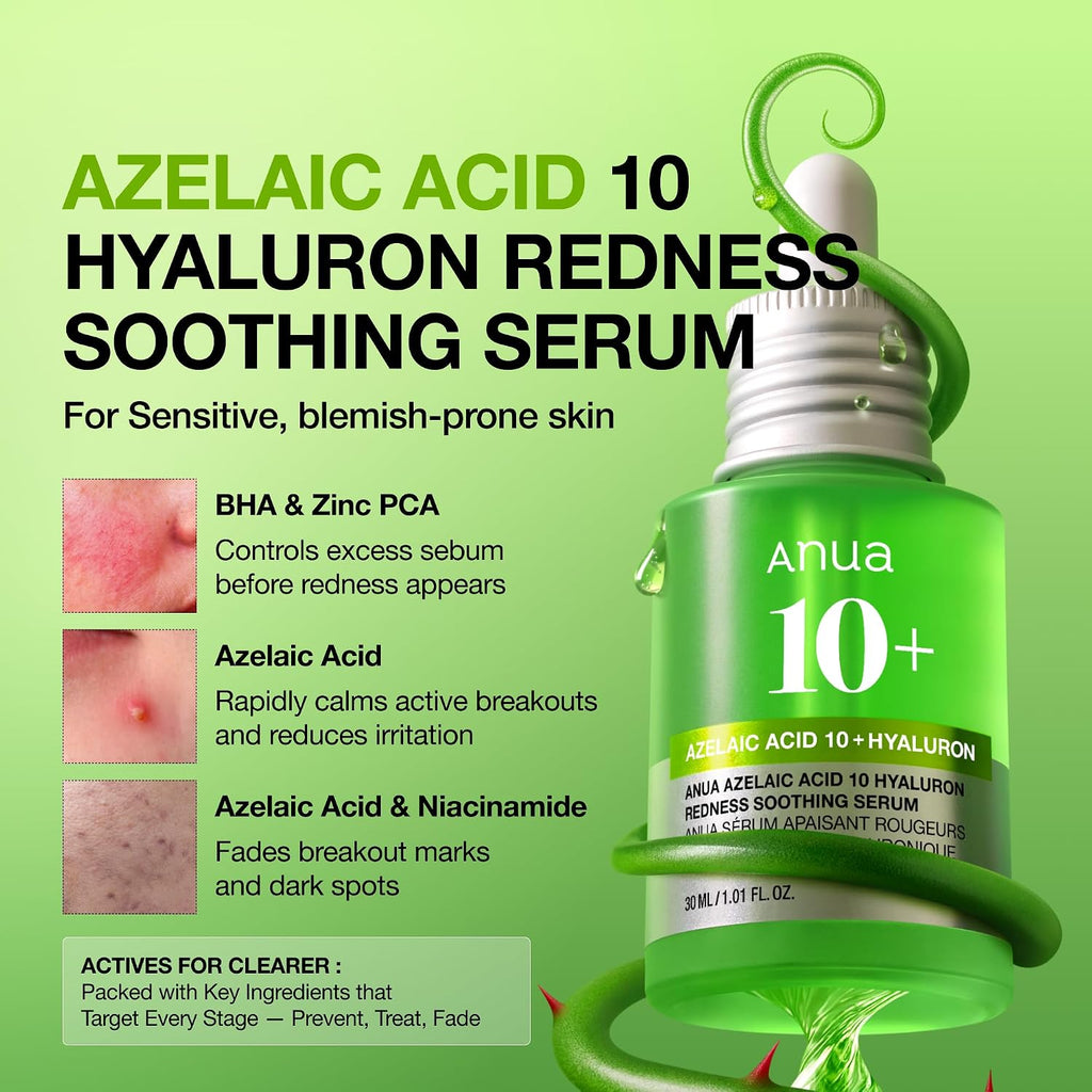 Anua Azelaic Acid 10 Hyaluron Redness Soothing Serum with Cica Soothes & Calms Acne-Prone Skin