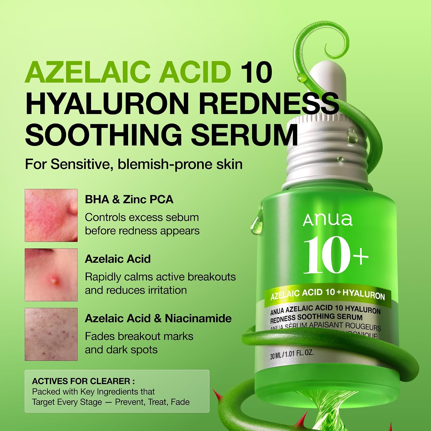 Anua Azelaic Acid 10 Hyaluron Redness Soothing Serum with Cica Soothes & Calms Acne-Prone Skin