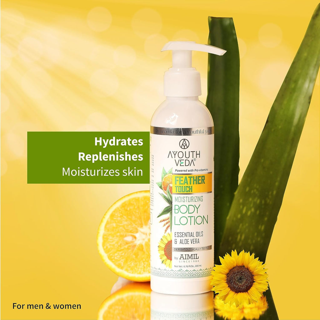 Ayouthveda Feather Touch Moisturizing Body Lotion| Powered with Pro-Vitamins, 5 Essential Oils & AloeVera|Suitable For Normal To Dry Skin| Helps to Repair Damage Skin(Pack Of 1;200ml)