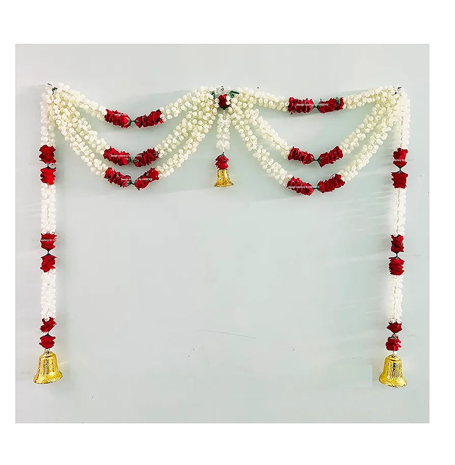 Artificial jasmine and roses Door Toran Triple line with Bells