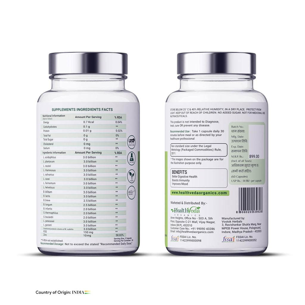 HEALTH VEDA ORGANICS PRIVATE LIMITED Probiotics 50 Billion Cfu Multi-Strains With Prebiotic | Good Digestive, Gut Health, Diarrhea, Gas & Bloating Support | Men And Women - 60 Vegetarian Capsules