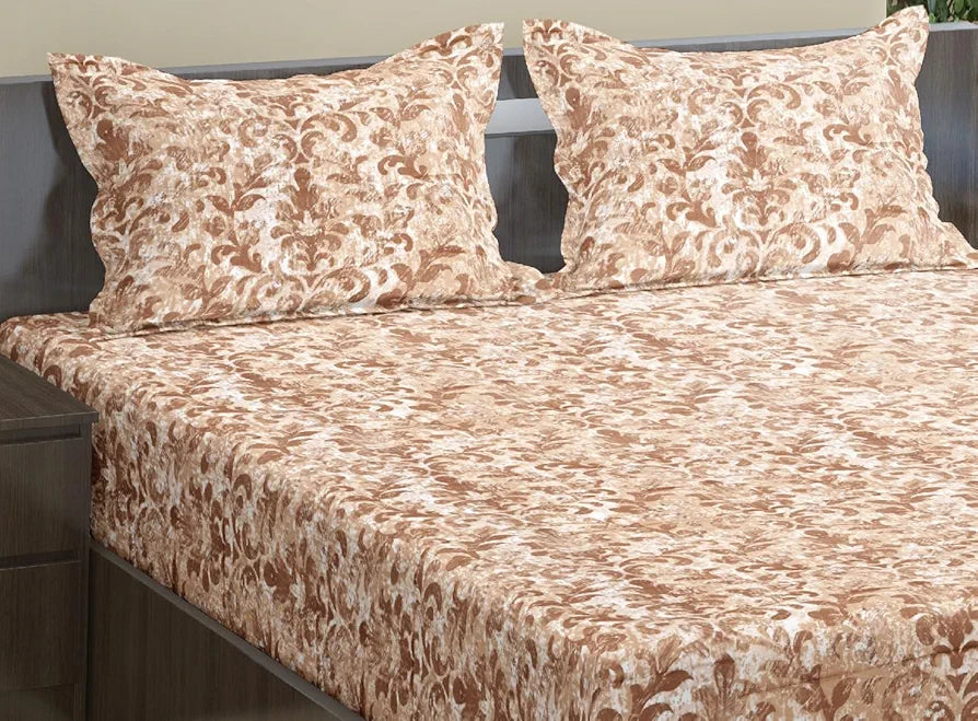 Trance Home Linen 180TC 100% Cotton 78"x72" Standard King Size Elastic Fitted Bedsheet Printed King Bed Size with 2 Pillow Covers Colour Royal Brown