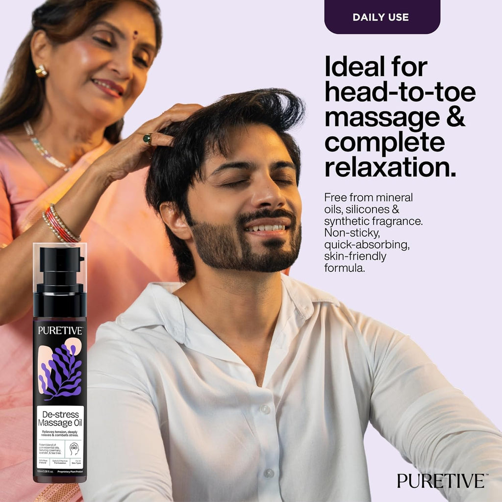 Puretive De Stress Massage Oil | Relieves Physical Tension | Deeply Relaxes | Hydrates | Stress Relief Massage Oil | Also for Couples I Deeply Nourishes & Calms the Body and Mind with a Blend of Pure Essential Oils | 100ML