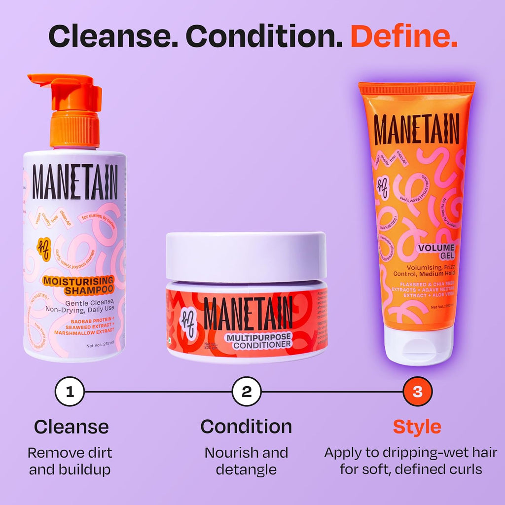 MANETAIN Volume Curl Gel 200ml for Curly & Wavy Hair | Flaxseed Curl Defining Gel with Medium Hold | Anti-Frizz & Moisturizing Styling Gel | Lightweight, CG-Friendly Hair Gel for Defined Curls