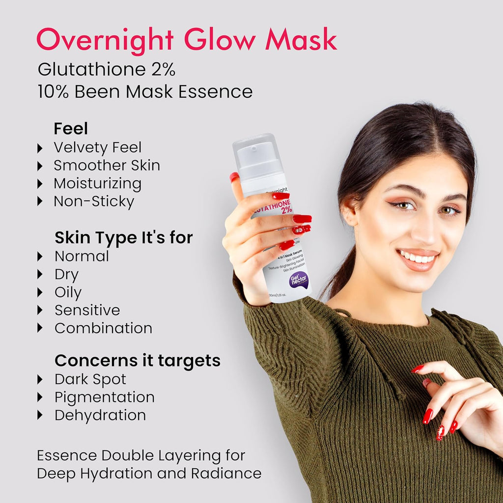 Get Nectar Happiness Overnight Glow Mask 2% Glutathione Cream (Oil Free) with 10% Been Fermented Filtrate Essence for Skin Glowing Texture-Brightening facial, Skin Illumination (30ml)