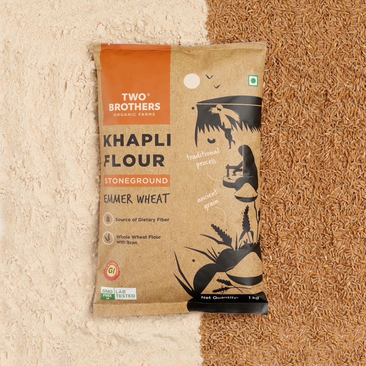 Two Brothers Organic Farms - Khapli Wheat Flour (1 kg) | High Dietary Fiber for Easy Digestion | Stoneground Emmer Wheat Flour | Khapli Atta