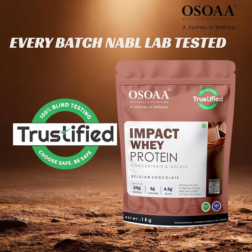 OSOAA Impact Whey Protein 1kg- Belgian Chocolate | Isolate & Concentrate | 24g Protein & 3g Creatine with 5X Digestive Enzymes | Trustified Certified & NABL Lab Tested