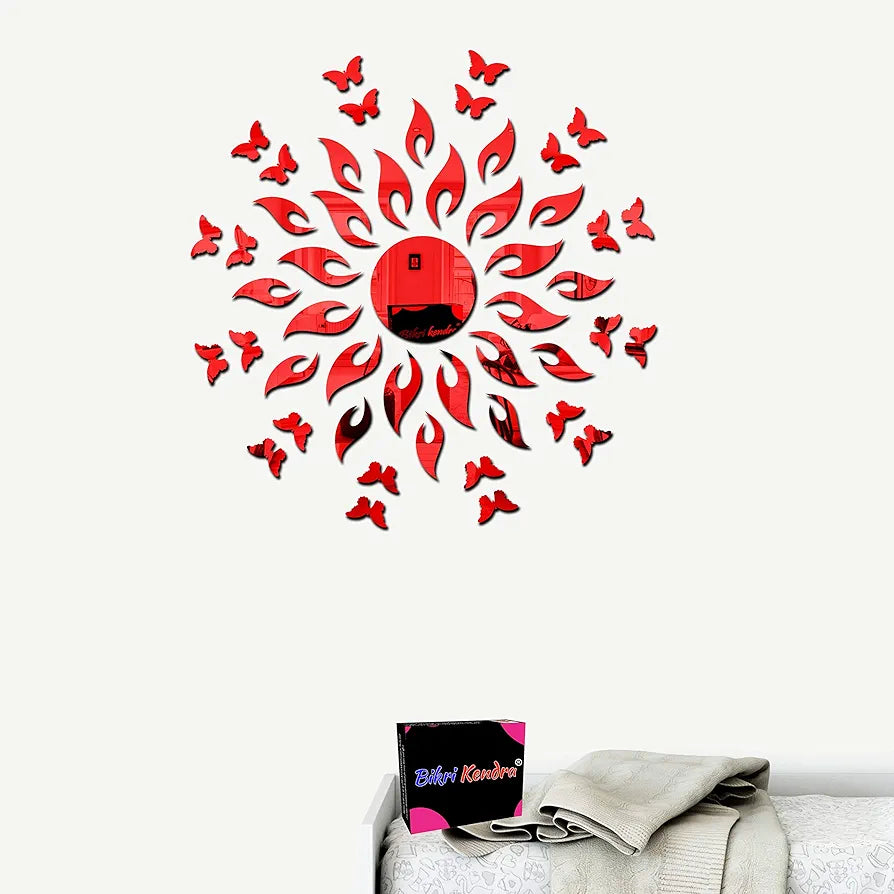 Bikri Kendra Art BK162, Sun red with 20 red Butterfly - 3D Acrylic Mirror Stickers for Wall