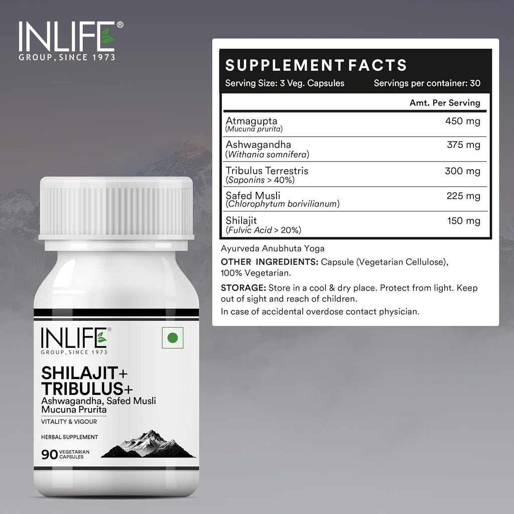 INLIFE Shilajit with Safed Musli | Ashwagandha, Tribulus (Gokshura) Capsules For Men and Women | Strength and Stamina | Ayurvedic Wellness Supplement - 90 Vegetarian Capsules