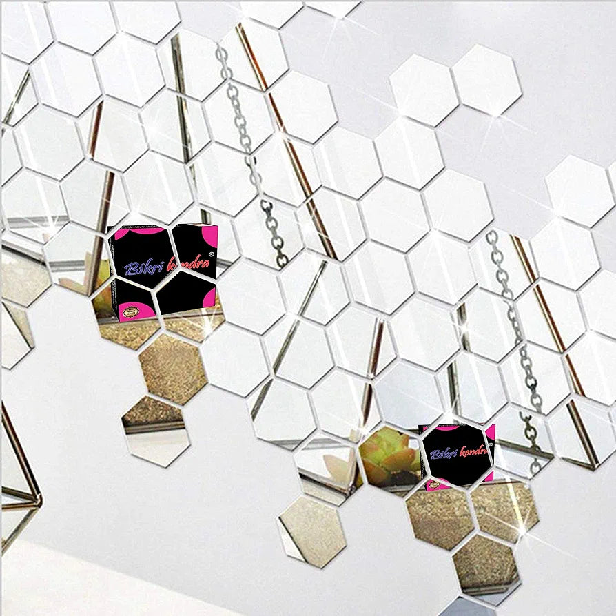 Bikri Kendra 40 Hexagon Silver with 20 Butterfly Stickers for Wall Mirror Decor Sticker Wall Stickers Acrylic