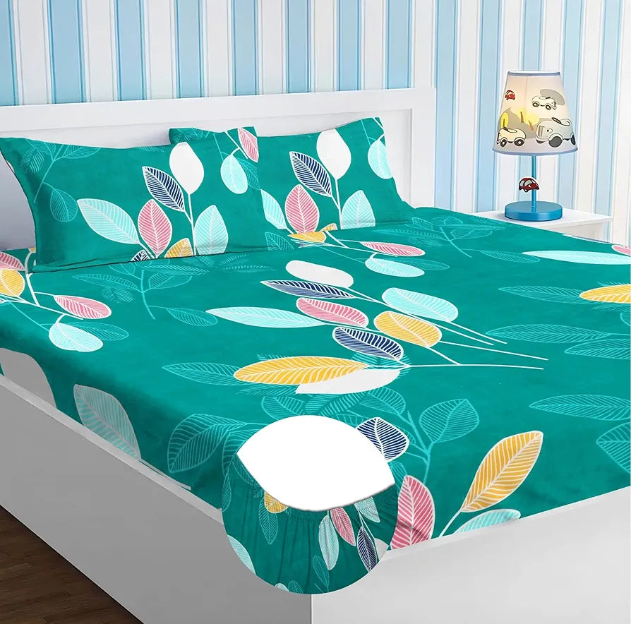 Homekart Premium Cotton Elastic Fitted Bedsheets with 2 King Size Pillow Covers Double Bed Flower Print Green and Red 200 tc - 220 tc