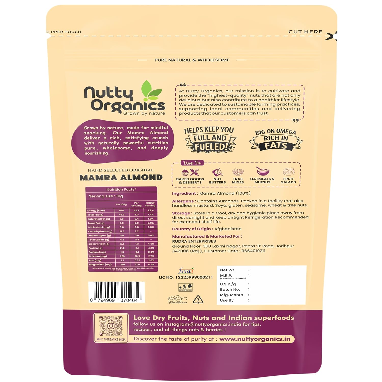 Nutty Organics Almonds Mamra - 500 GM (Grade A ++ Nuts, Premium, Rich In Oil) Richest Natural Source of Vitamins, Magnesium & Protien | Special Mamra Badam Giri