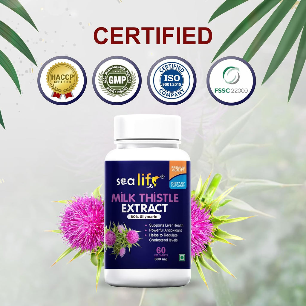 Sea Life Milk Thistle Extract Tablets | Silymarin 80% | Liver Cleanse Detox Support Supplement 600 mg (60 Tablets) Support Protection Against Fatty Liver |For Men And Women