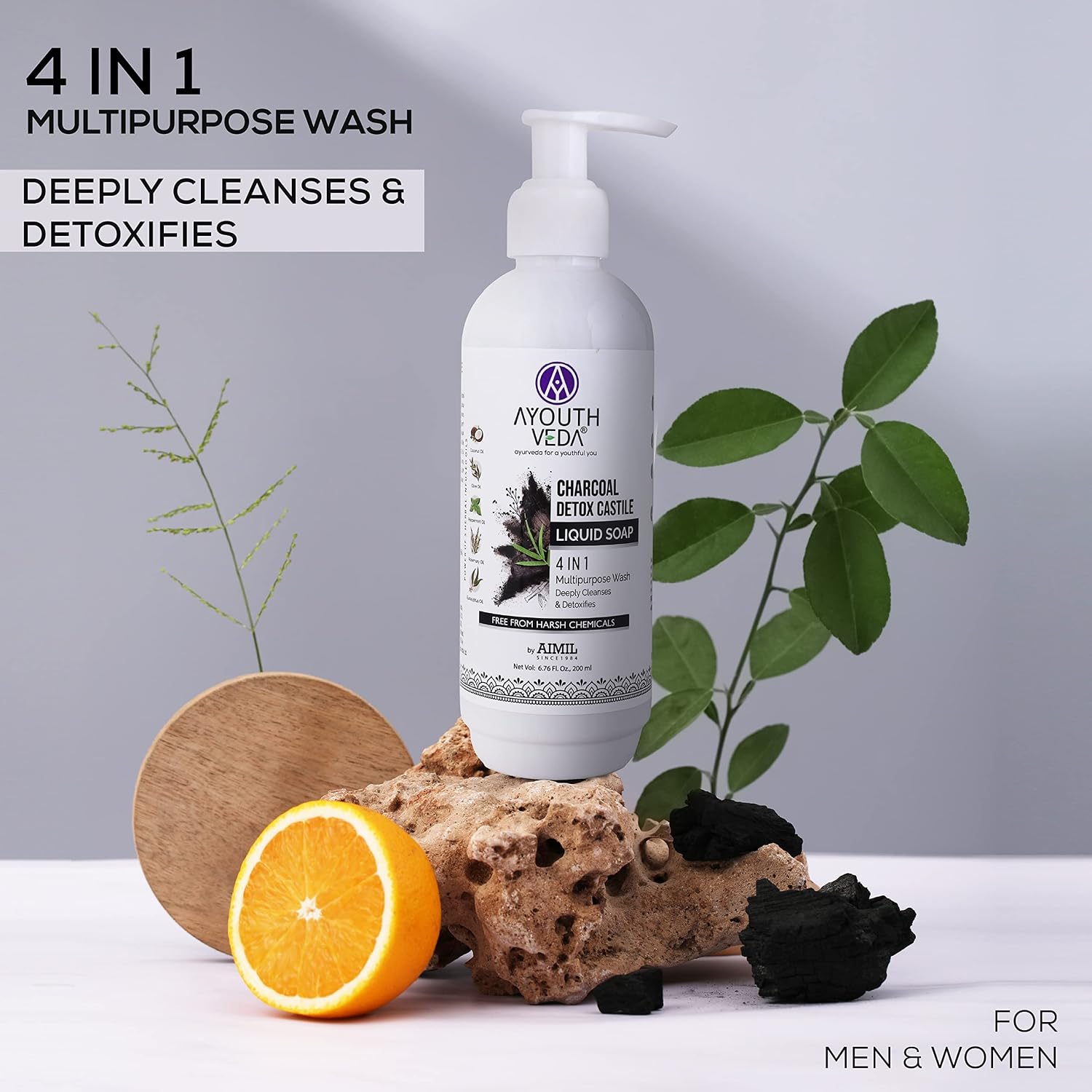 Ayouthveda Charcoal Detox Castile Liquid Soap 4 in 1 | Multipurpose Wash for Face & Body | Deeply Cleanses & Detoxifies Skin | Germ Protection Wash (Pack of 1-200ml)