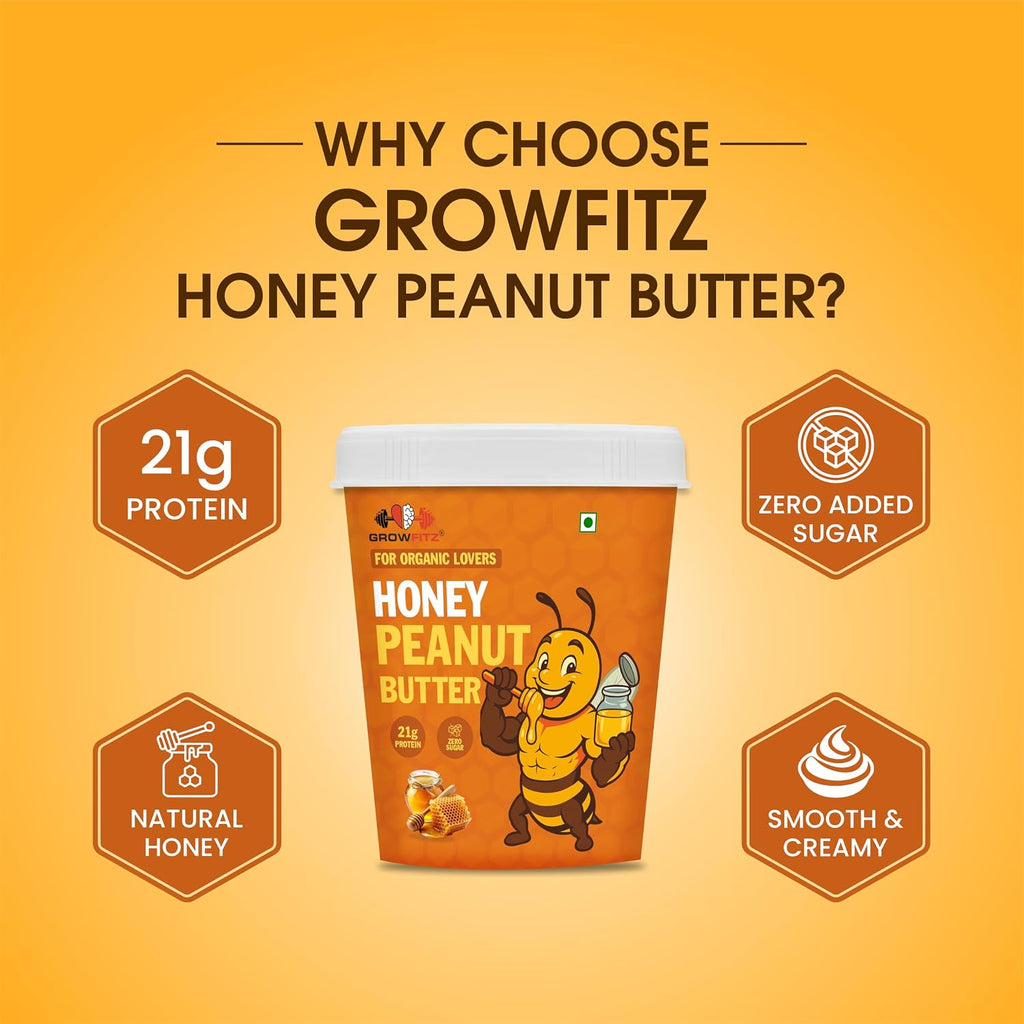 Growfitz Honey Peanut Butter 400g | 21g High Protein | Roasted Peanut With Added B-12 & Minerals for Brain & Heart Health, Zero Added Sugar | Tasty & Healthy Bread Spread (Pack of 1)