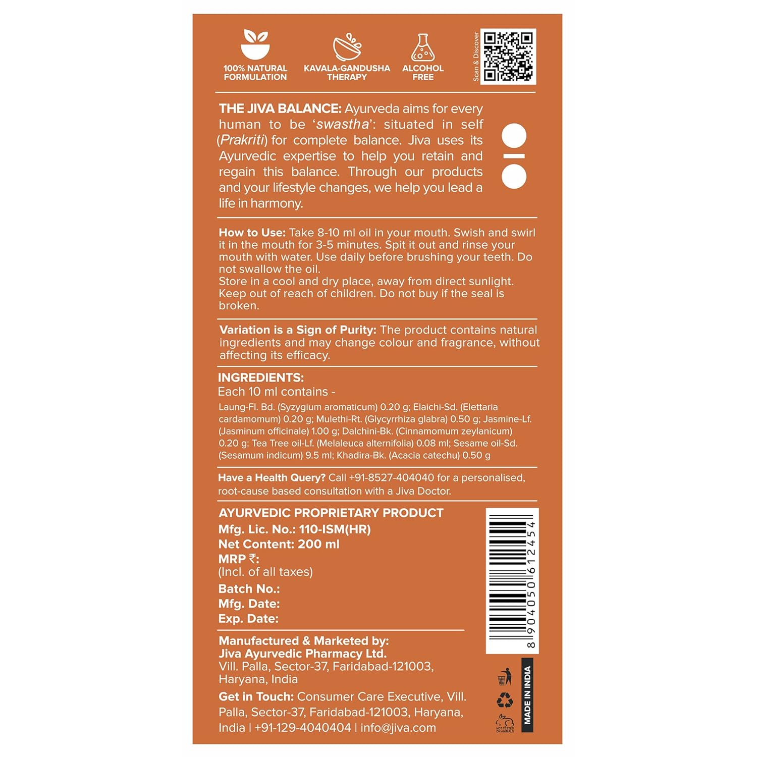 Jiva Oil Pulling 200ml | Ayurvedic Oil For Oil Pulling Deep Cleanses Mouth, Removes Toxins | Prevent Bad Breath, Alleviates Toothache & Sensitivity