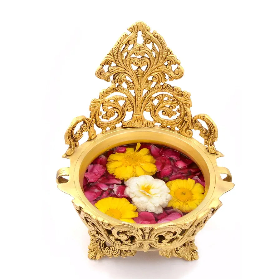 Two Moustaches 10.5 Inches Ethnic Design Brass Urli Traditional Bowl Decor Showpiece