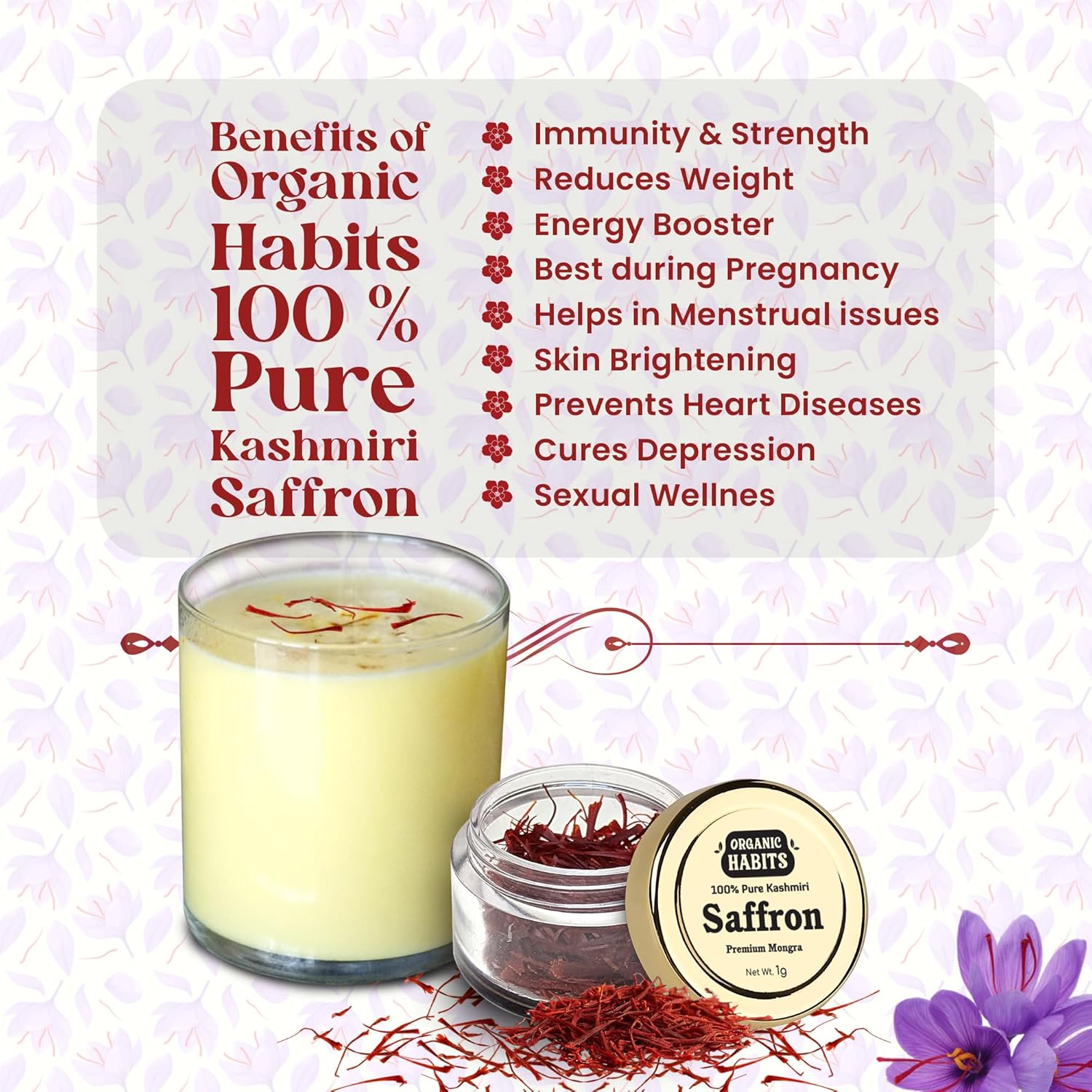 Organic Habits 100% Pure Original Kashmiri Saffron/kesar/kumkuma Puvvu - 1 Gms
