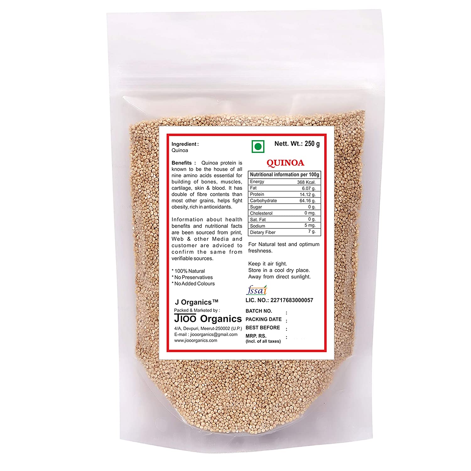 Jioo Organics Quinoa Grain Rich in Mineral and Protiens - 250 gms
