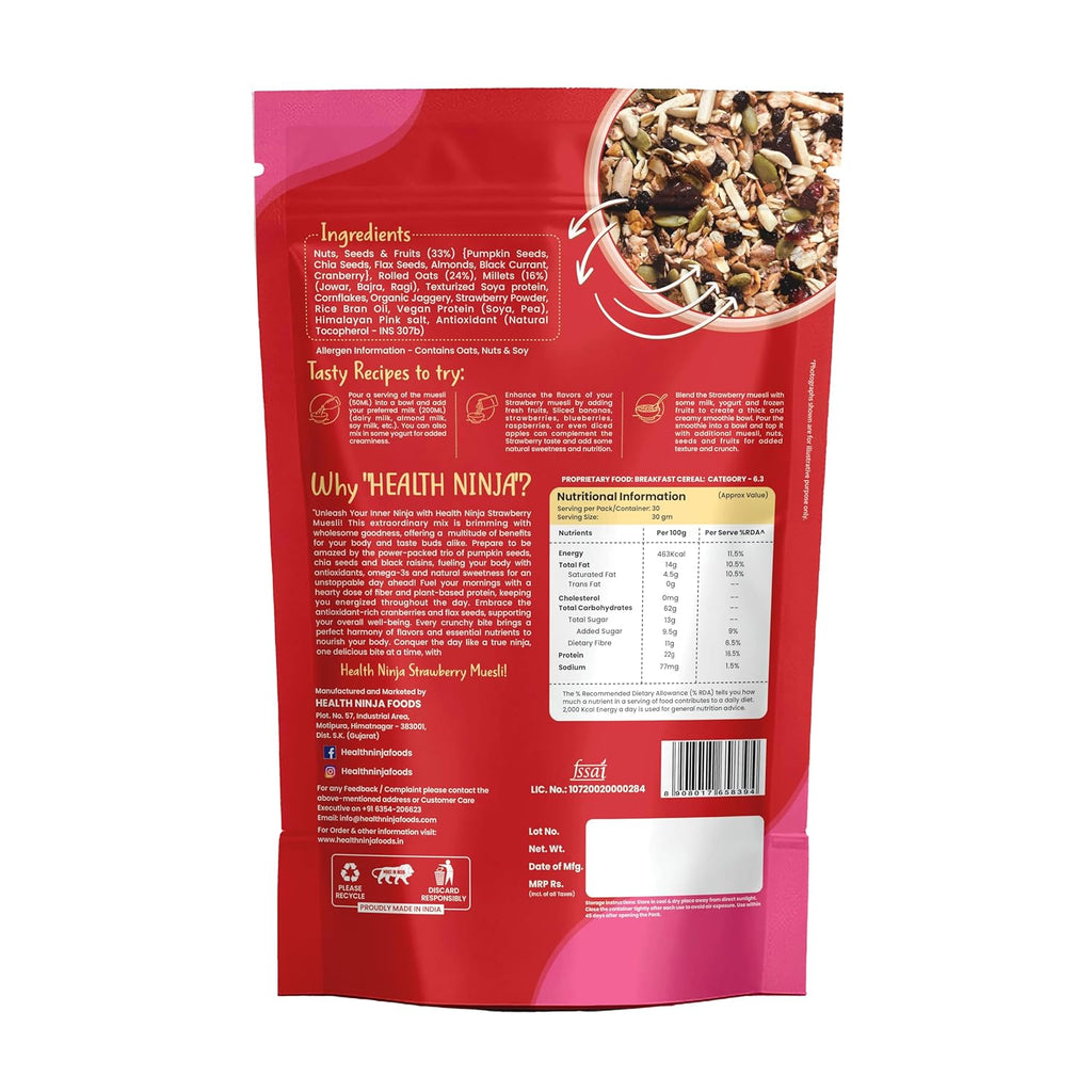 Health Ninja Strawberry Muesli | High Protein Breakfast Cereal | Oats, Almonds, Chia, Flax & Pumpkin Seeds | 900 g (Strawberry)