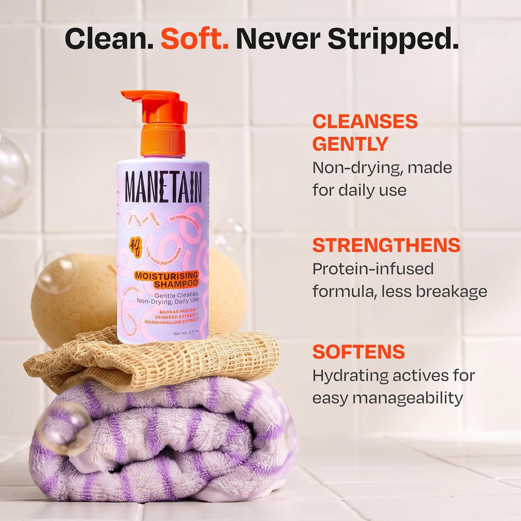 MANETAIN Moisturising Shampoo 237ml for Curly, Dry & Frizzy Hair | Sulphate & Paraben Free | Hydrates & Strengthens with Baobab Protein, Seaweed & Marshmallow Extract | CG-Friendly, Gentle Cleanser for Soft, Defined Curls