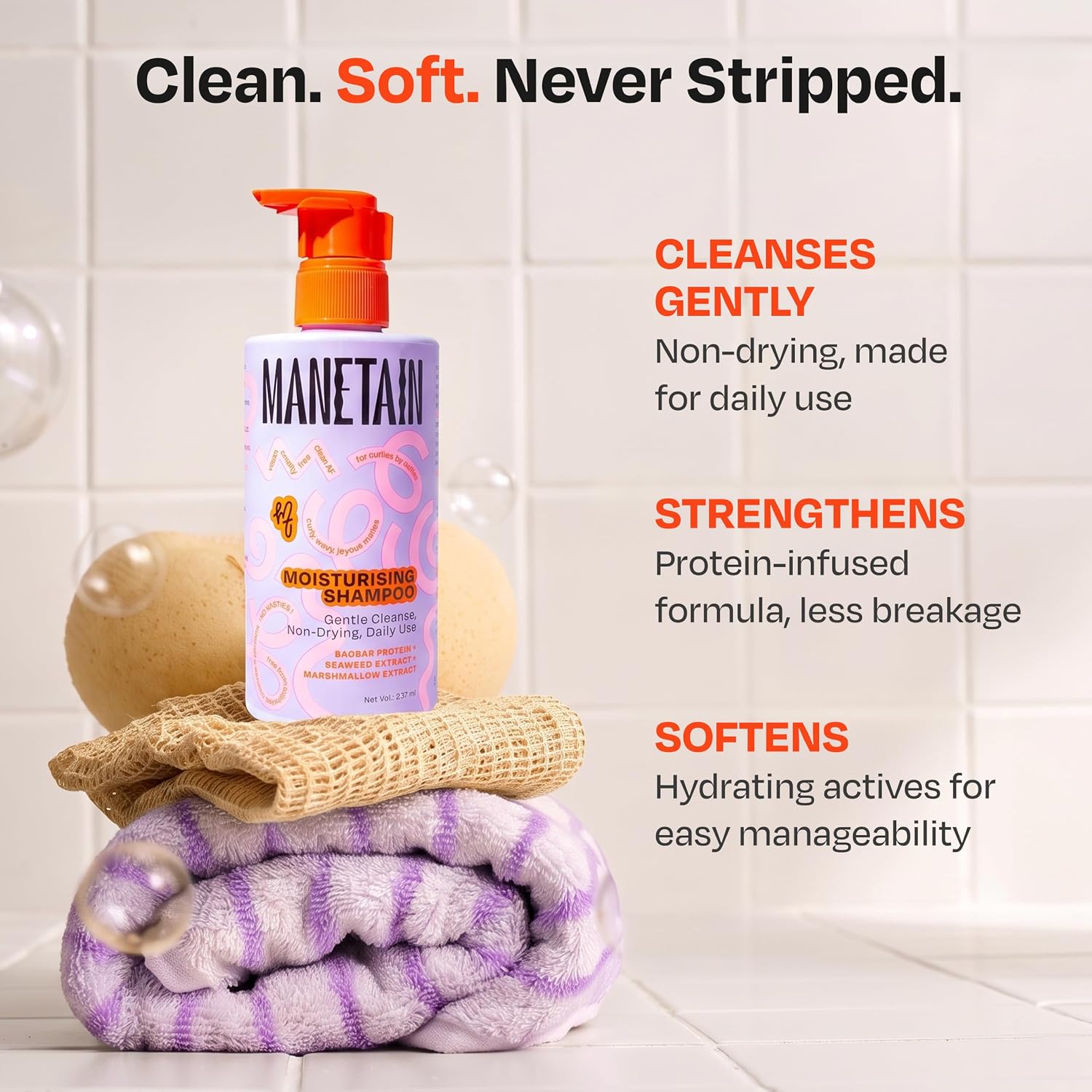 MANETAIN Moisturising Shampoo 237ml for Curly, Dry & Frizzy Hair | Sulphate & Paraben Free | Hydrates & Strengthens with Baobab Protein, Seaweed & Marshmallow Extract | CG-Friendly, Gentle Cleanser for Soft, Defined Curls
