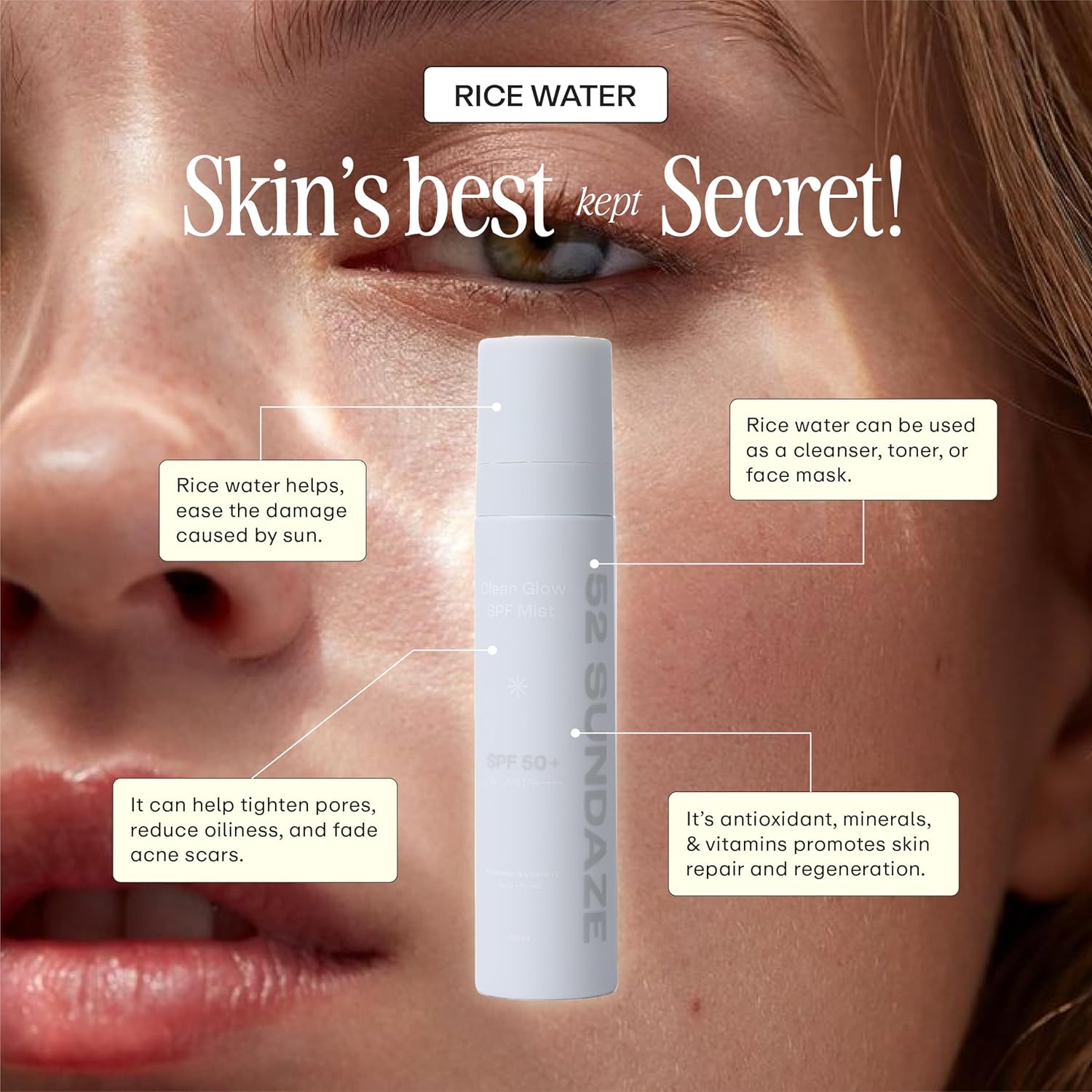 52 Sundaze Rice Water Sunscreen Mist SPF 50 PA++++ | Broad Spectrum UVA/UVB Protection | Alcohol-Free | Invisible, No White Cast | Lightweight, Reapply Over Makeup | For Oily, Combination, Acne-Prone & Sensitive Skin | 100 ml