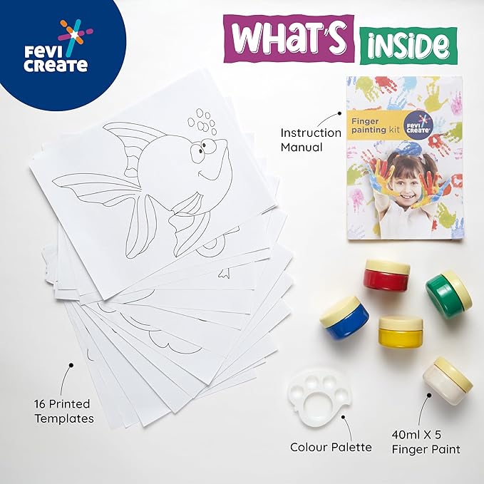 Fevicreate Finger Painting Kit 18 Activities With Printed Templates & 5 Vibrant Non-toxic Colours for Kids Age 3+ Years