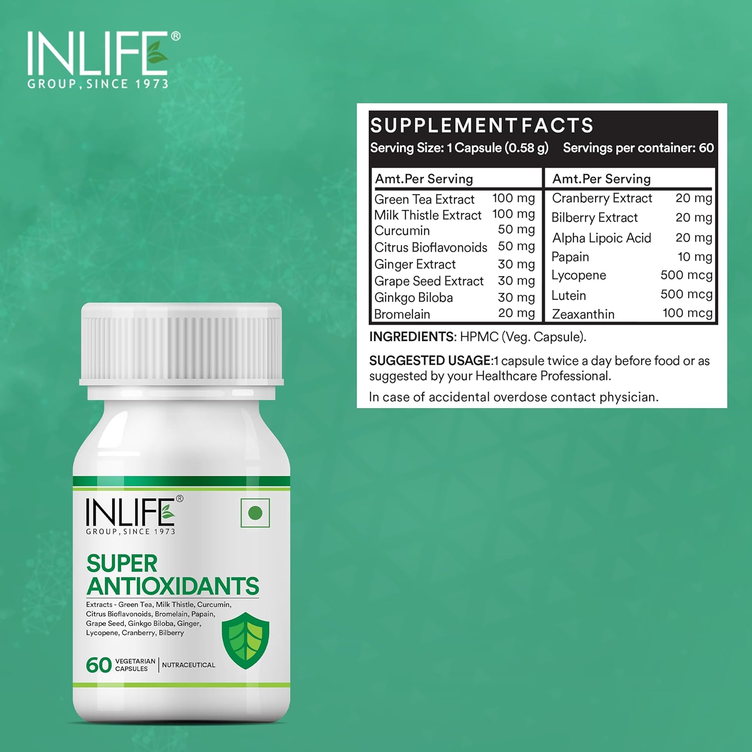 INLIFE Super Antioxidant Supplement Lycopene, Green Tea, Milk Thistle, Curcumin, Grape Seed, Ginkgo Biloba, Ginger, Cranberry, Alpha Lipoic Acid, Lutein, Zeaxanthin - Pack of 60 Vegetarian Capsules