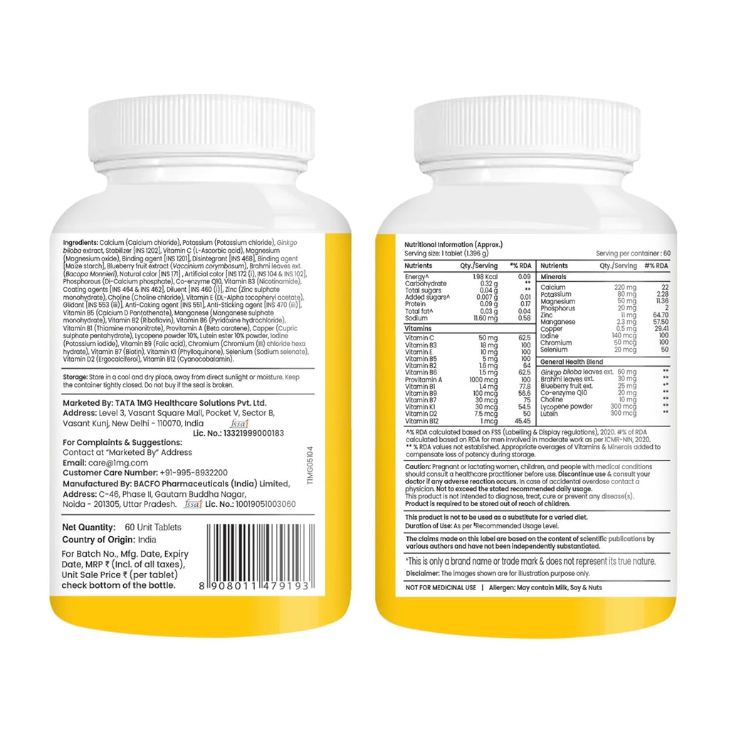 Tata 1mg Senior 50+ Multivitamin & Multimineral Veg Tablet with Calcium for Bone, Skin, Eye, Immunity, Heart & Joints, For Men & Women, Non-GMO & No Added Preservatives (Pack Of 60)