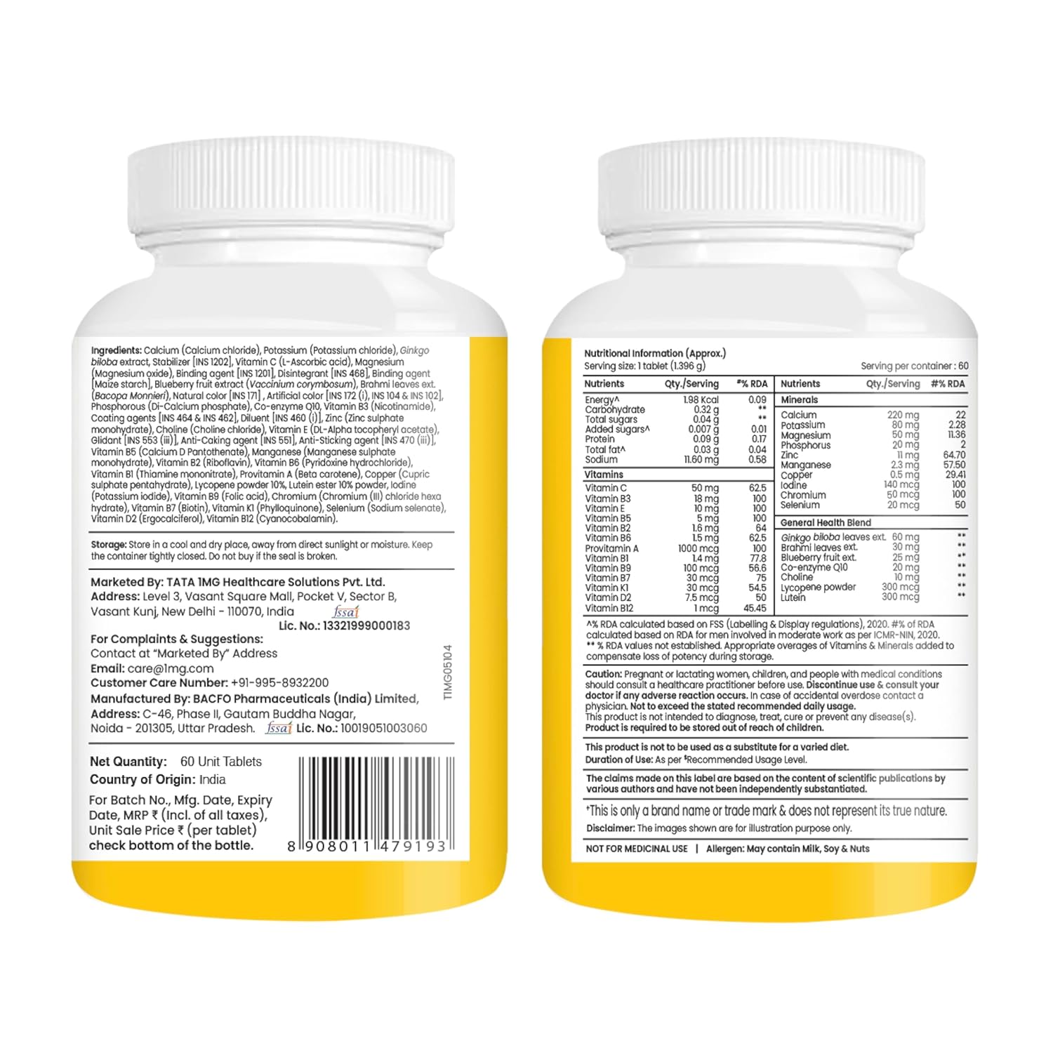 Tata 1mg Senior 50+ Multivitamin & Multimineral Veg Tablet with Calcium for Bone, Skin, Eye, Immunity, Heart & Joints, For Men & Women, Non-GMO & No Added Preservatives (Pack Of 60)
