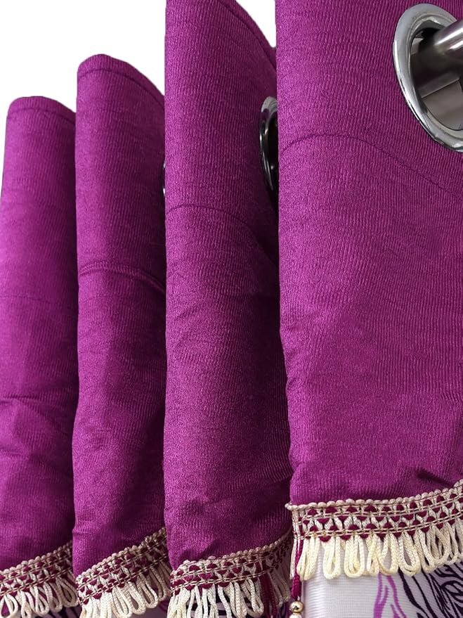 Cortina 2 Piece Leaf Design Panel Eyelet Polyester Door Curtains | 7 Feet | Purple