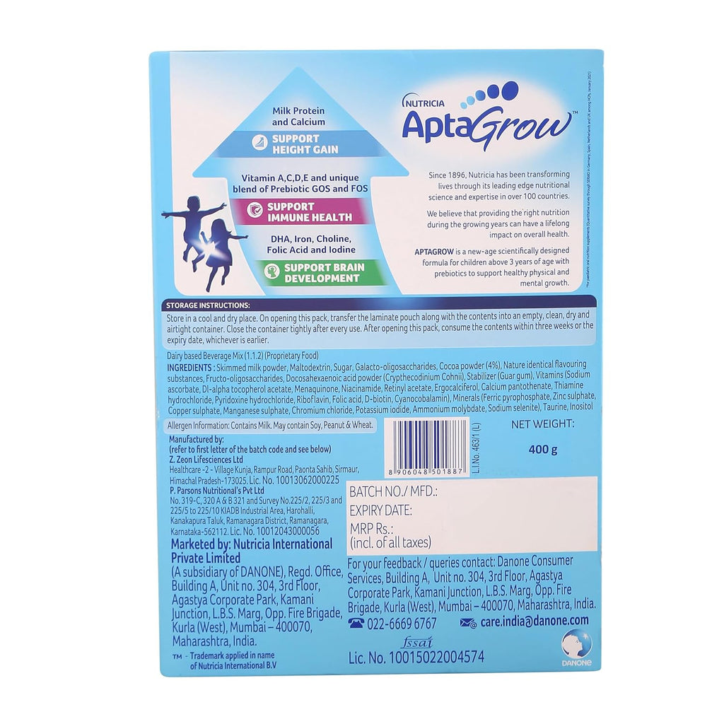 AptaGrow Milk Drink Powder For Kid S Height Gain,Immunity & Brain Development,Nutritious & Tasty Chocolate Flavor,400 G|37 Nutrients|Prebiotics|Low Fat|Veg,1 Count,13 Servings