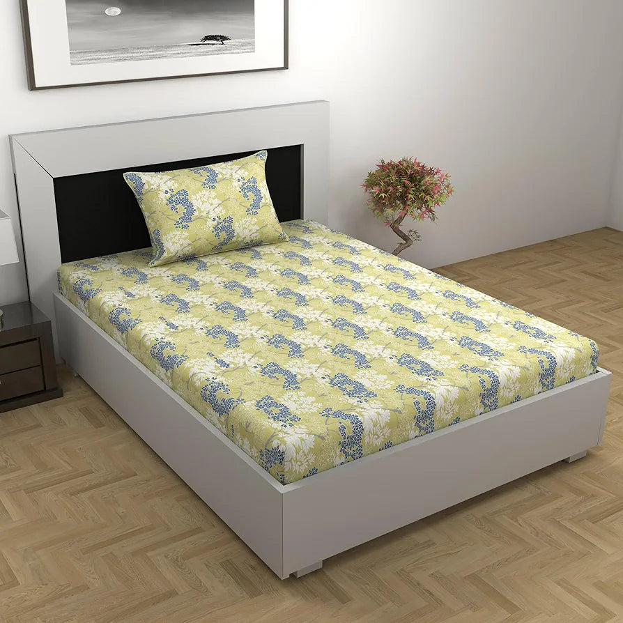 Divine Casa 100% Cotton Bedsheet for Single Bed 144 TC Bedsheet Single Size Bed Cotton with 1 Pillow Cover Colour Sunshine Yellow