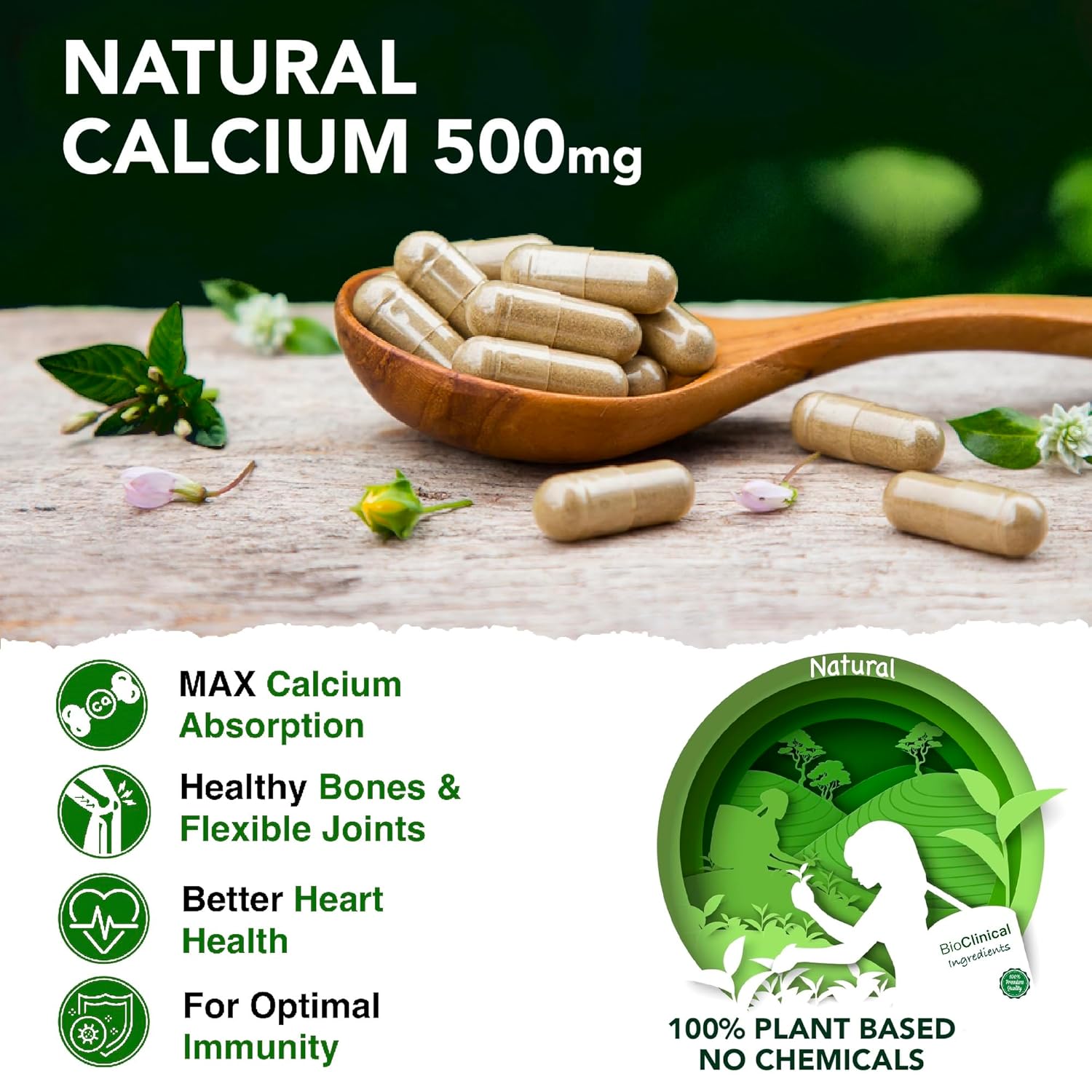 BioClinical 500mg Plant Calcium Magnesium Zinc Vitamin D3 + K2 for Joint Support & Bone Health -100% Plant Based Supplement -Made with Natural Ayurvedic Herbs & Plant Extracts - 60 Veg Capsules