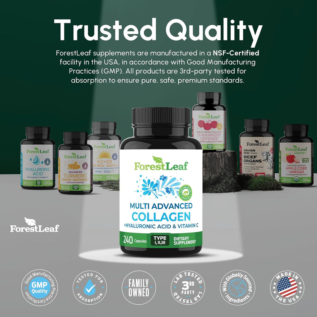 ForestLeaf Multi Collagen Pills - Collagen Men & Collagen Women - Hydrolyzed Collagen Supplements with Vitamin C & Hyaluronic Acid - Collagen Capsules for Hair, Skin & Nails (240 Peptide Capsules)