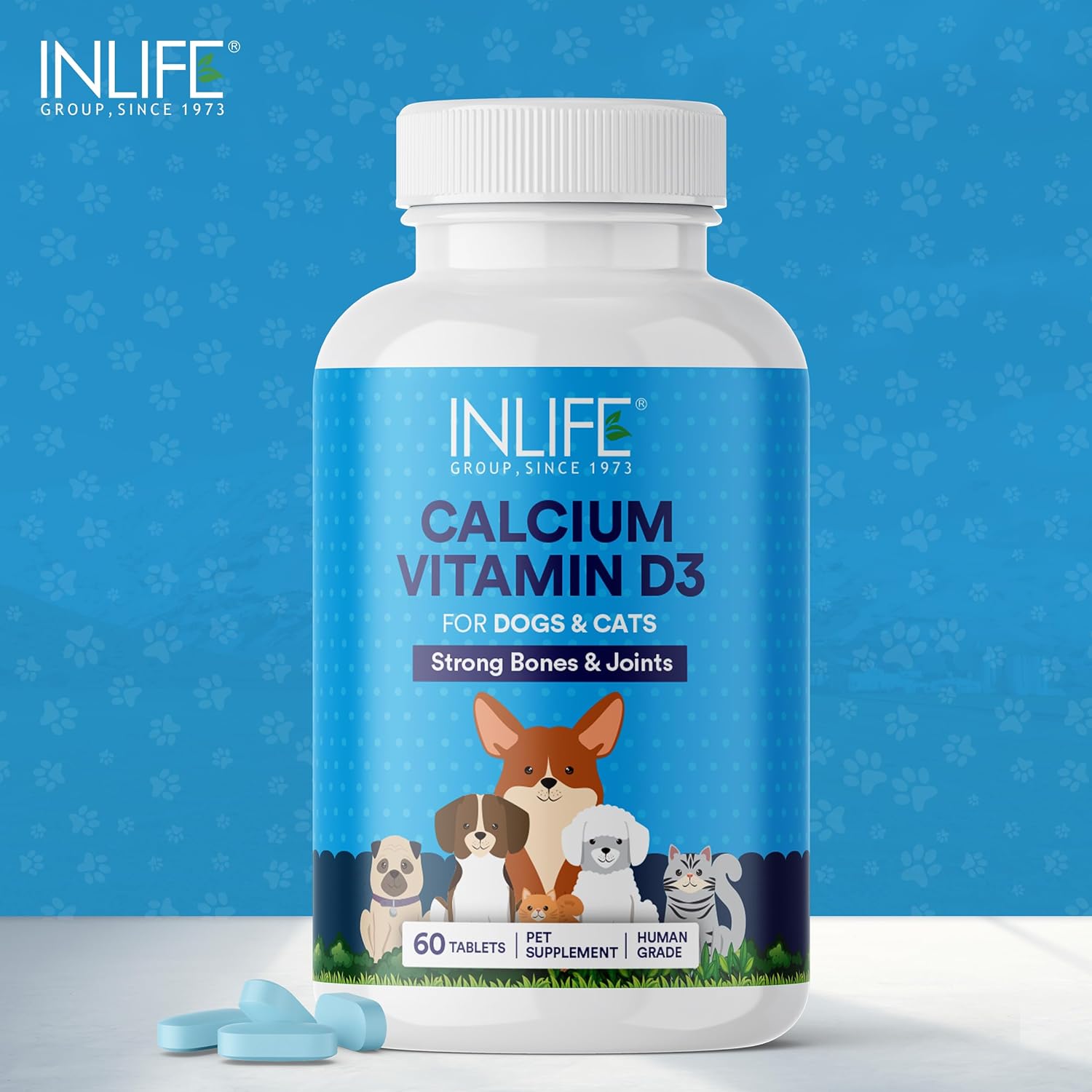INLIFE Calcium Tablets for Dogs Cats and Pets with Vitamin D3 | Calcium Carbonate Supplement for Bone and Joint Support - 60 Tablets