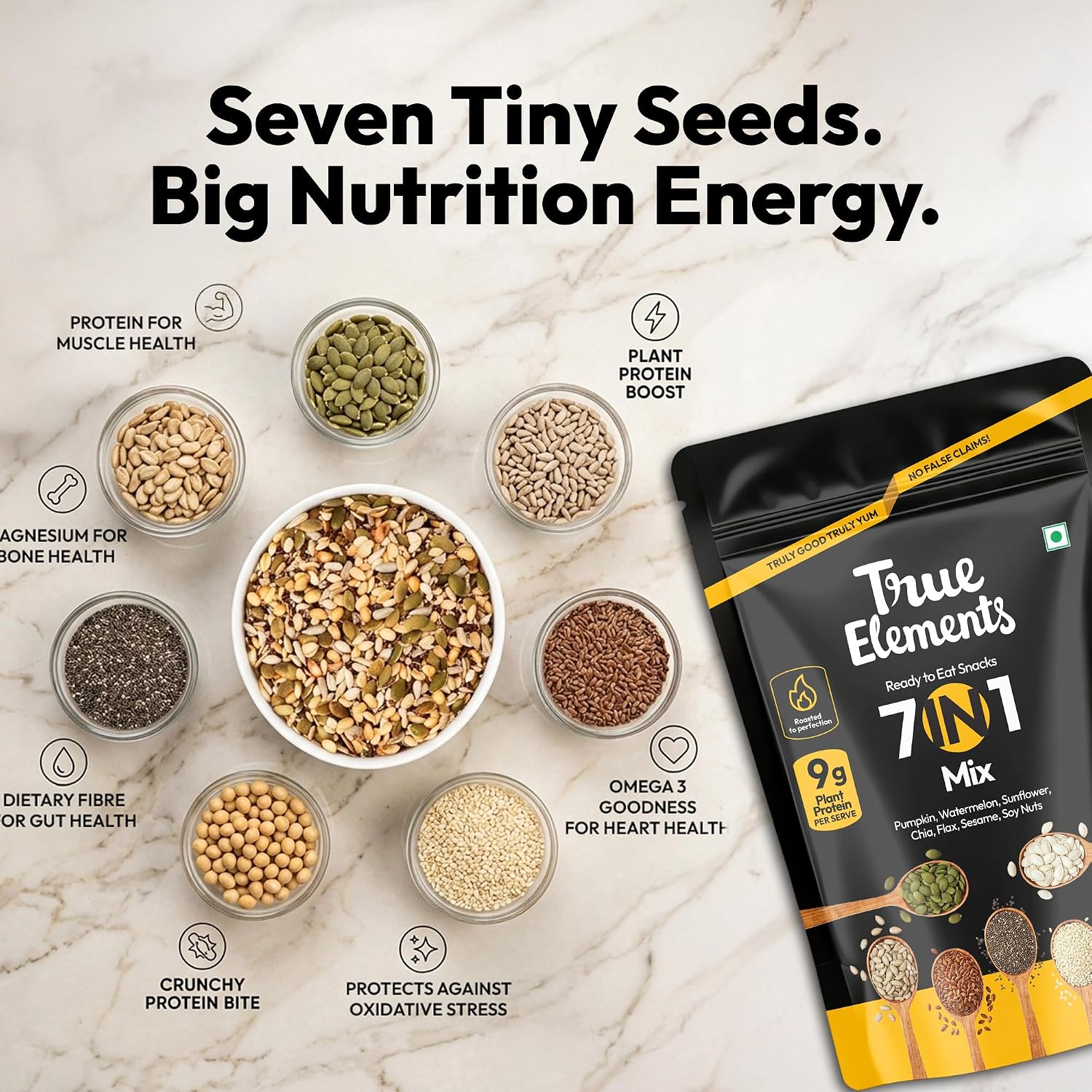 True Elements 7 in 1 Seeds Mix 250g - Complete Seed Blend | 24g Protein & 16g Fibre | High Fibre Super Seeds | Perfect for Oats, Smoothies & Healthy Snacking