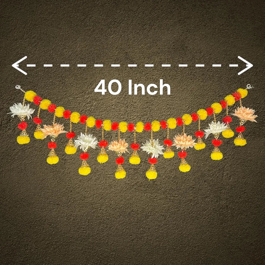 Handcrafted Decorative Bandanwar with Marigold Artificial Flowers Bells & Beads 40x9 Inches