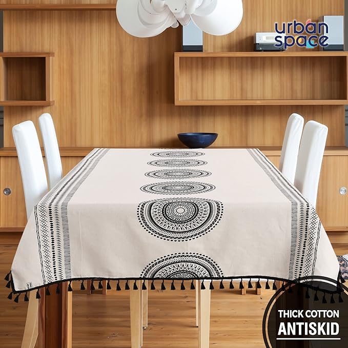 Urban Space Cotton Dining Table Cover 6 Seater Printed Cotton Table Cloth Colour Trellis Black