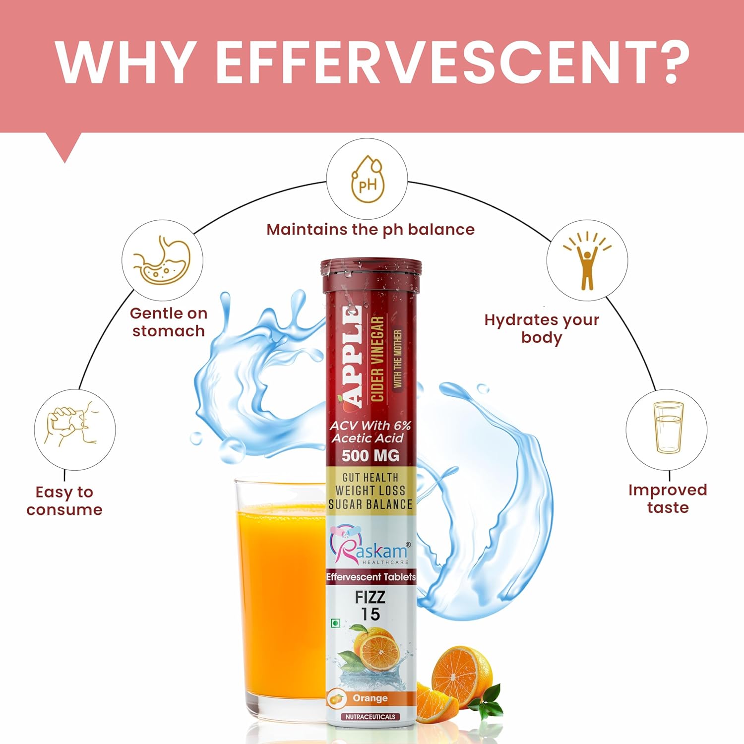 Apple Cider Vinegar 15 Effervescent Tablet 500mg (Pack of 1) Helps in Weight Management Digestion & Sugar Balance Orange Flavour 100% Vegan