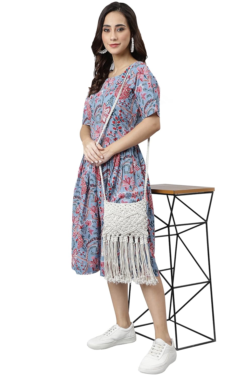Janasya Women's Sky Blue Cotton Floral Print Flared Western Dress