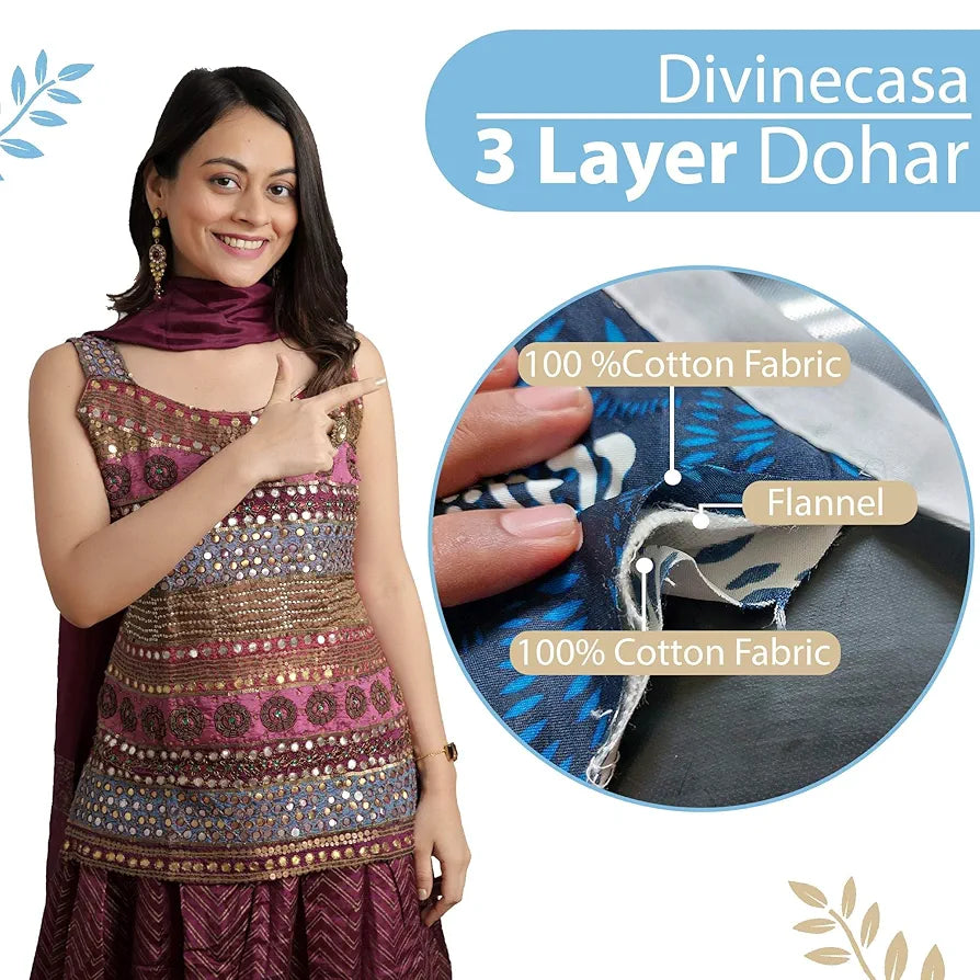 Divine Casa Glace Cotton 120 GSM Super Soft Cloudy Reversible Lightweight Printed Double Bed AC Dohar Blanket TC - 120 Colour Blue and Beige