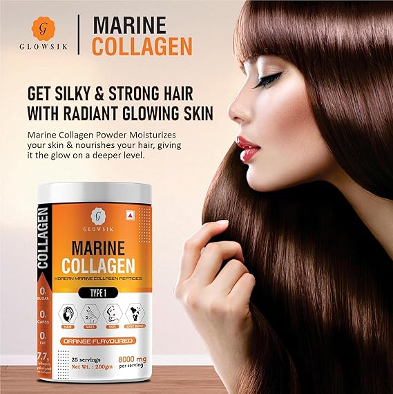 Glowsik Korean Marine Collagen Powder | Marine Collagen Supplements for Women and Men - 400 Gms | Oranges
