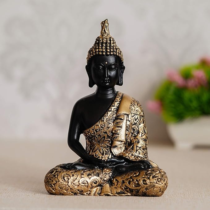 Ecraftindia Black Golden Resin Handcrafted Meditating Lord Buddha Idol for Home Decor