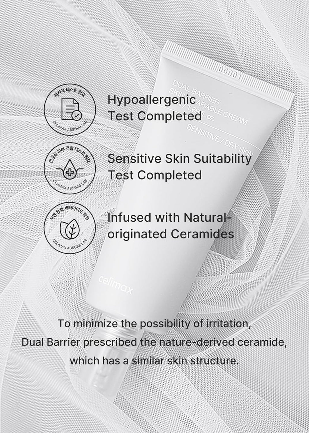 Celimax Dual Barrier Skin Wearable Cream (50ml) | 72H Hydration Barrier Repair | 5 Ceramides Hyaluronic Acid | Soothes Redness Irritation | Derma-Tested, Paraben-Free | Korean Skincare for Dry Sensitive Skin