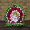 Ecraftindia Resin Lord Ganesha Idol on Decorative Green Pink Floral Plate | Ganesha Idol