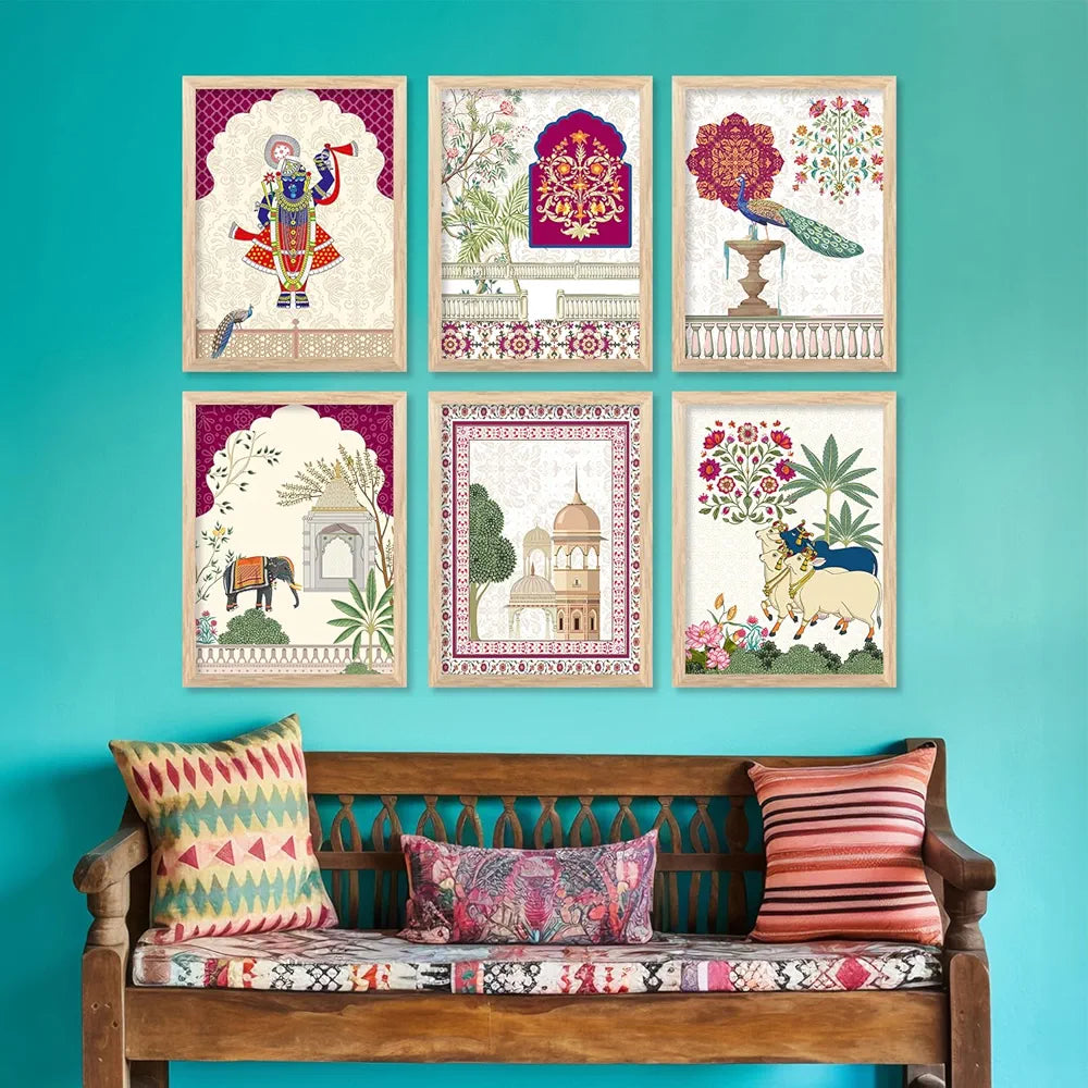 Kotart Traditional Indian Wall Art Madhubani Paintings Pichwai Art Painting set of 6 A